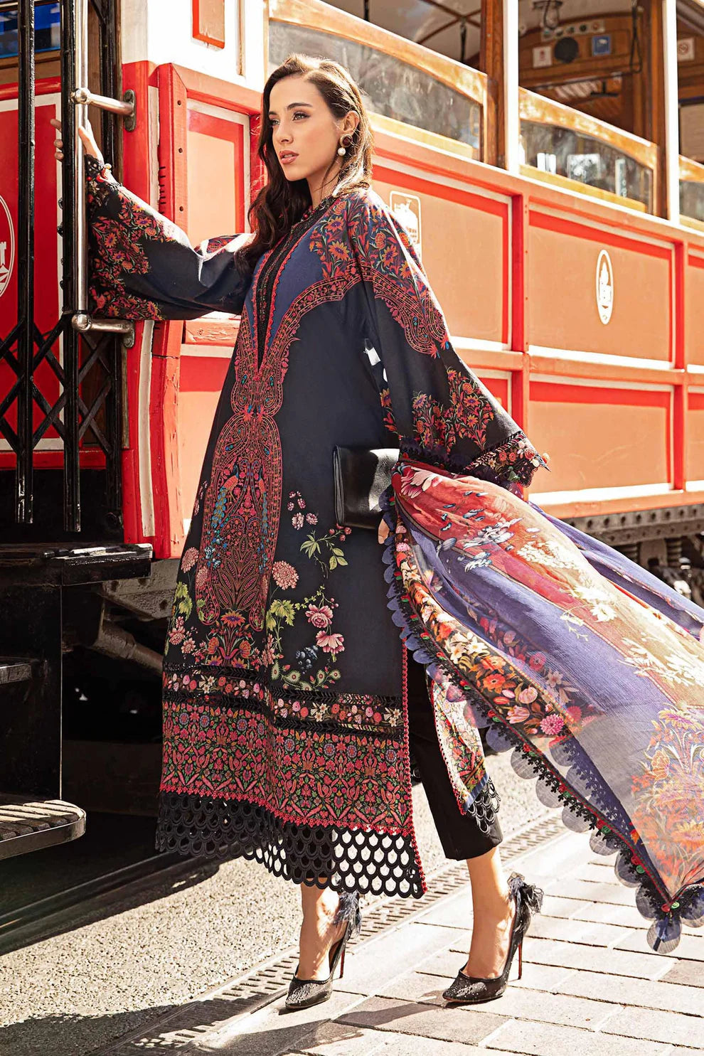 MARIA B- 3PC KARANDI PRINTED EMBROIDERED SHIRT WITH KARANDI PRINTED SHAWL AND KARANDI PRINTED TROUSER-ADR-3255-A