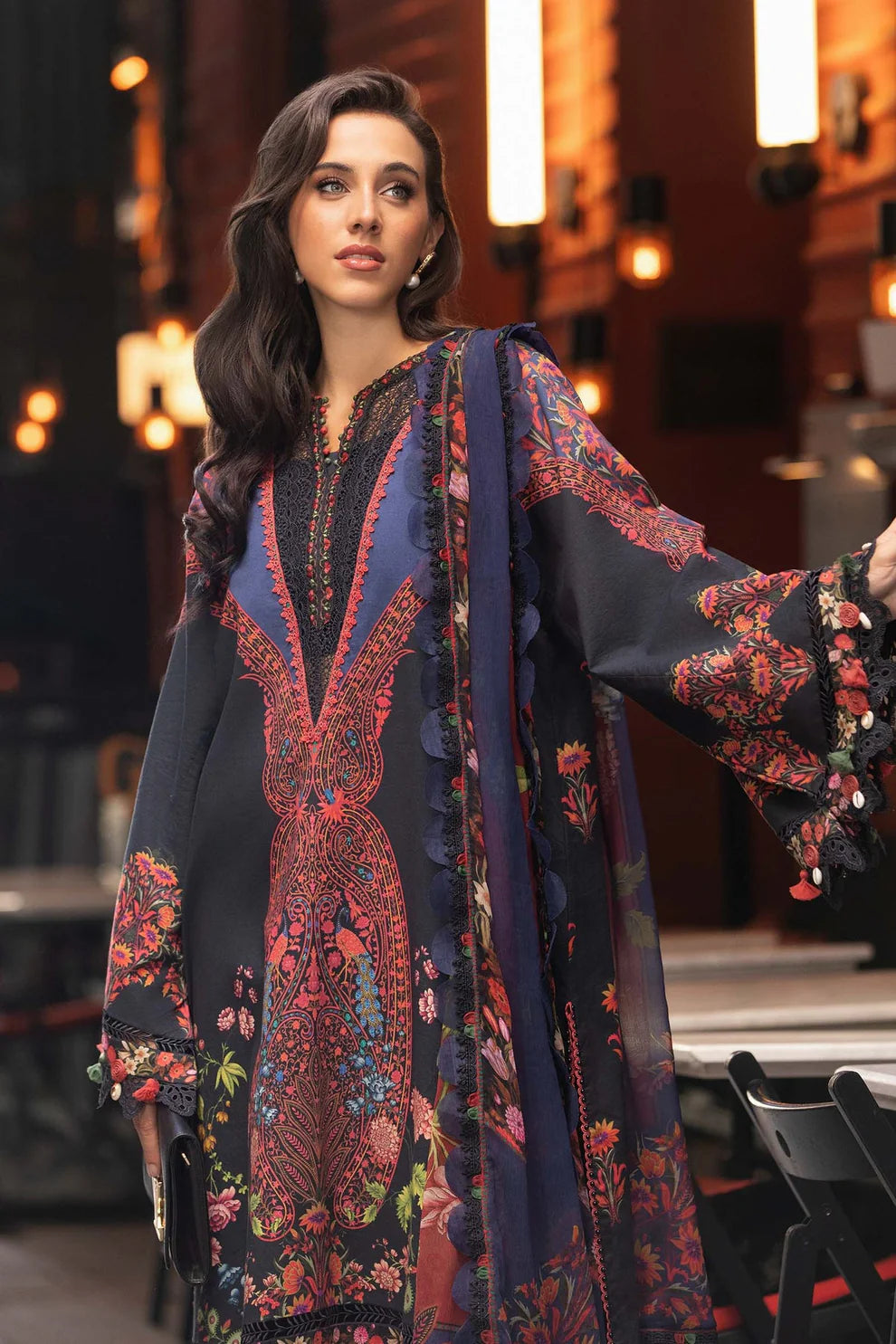 MARIA B- 3PC KARANDI PRINTED EMBROIDERED SHIRT WITH KARANDI PRINTED SHAWL AND KARANDI PRINTED TROUSER-ADR-3255-A