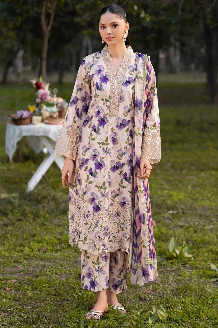 GARNET-3PC LAWN PRINTED EMB SHIRT WITH SILK PRINTED DUPATTA AND PRINTED TROUSER-ADR-045