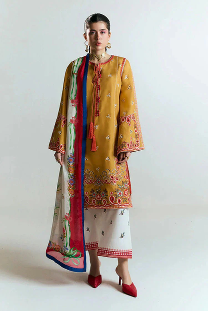 HUSSAIN REHAR - 3PC LAWN HEAVY EMBROIDERED SHIRT WITH MONARK PRINTED DUPATTA AND EMB TROUSER-ADR-3799