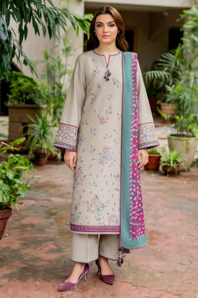 JAZMIN-3PC DHANAK EMBROIDRED SHIRT WITH WOOL PRINT SHAWL AND TROUSER-ADR-3281