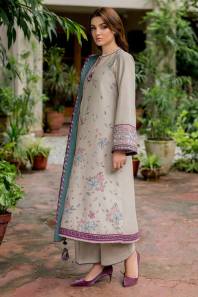 JAZMIN-3PC DHANAK EMBROIDRED SHIRT WITH WOOL PRINT SHAWL AND TROUSER-ADR-3281