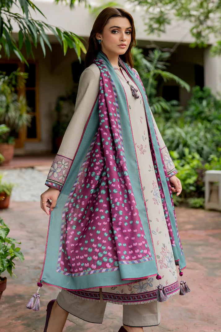 JAZMIN-3PC DHANAK EMBROIDRED SHIRT WITH WOOL PRINT SHAWL AND TROUSER-ADR-3281