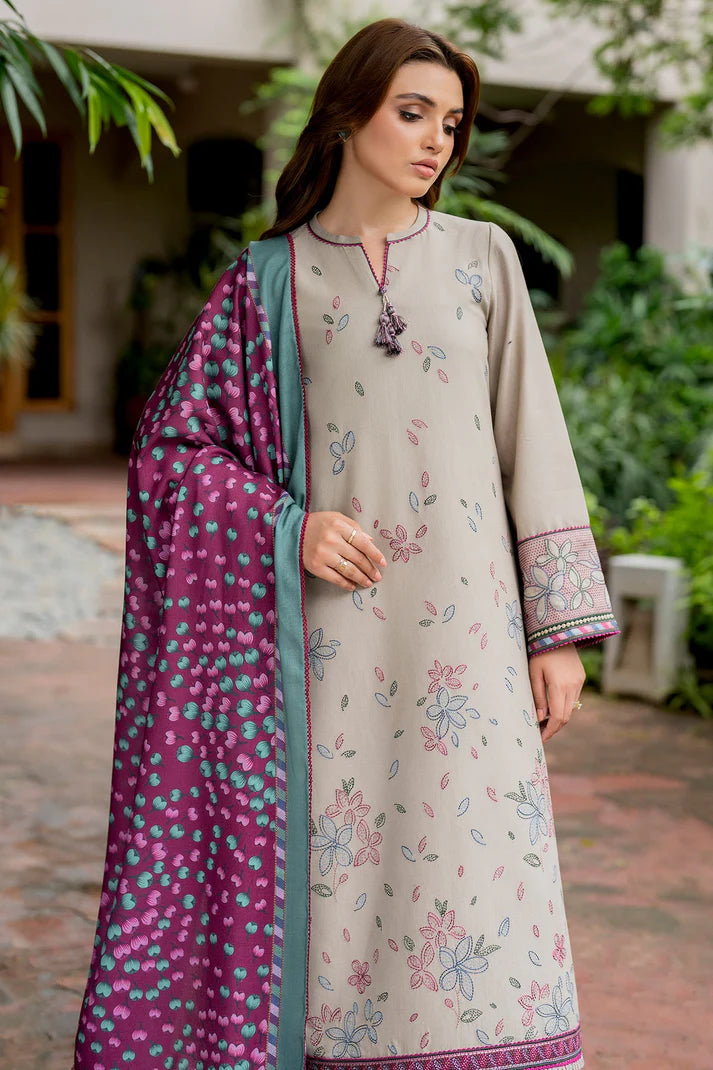 JAZMIN-3PC DHANAK EMBROIDRED SHIRT WITH WOOL PRINT SHAWL AND TROUSER-ADR-3281