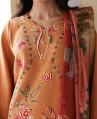 REPUBLIC WOMENSWEAR-3PC KARANDI EMBROIDERED SHIRT WITH COUTRAI PRINTED SHAWL AND TROUSER-ADR-5247