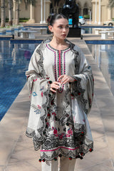 ADORE-3PC KARANDI PRINTED EMBROIDERED SHIRT WITH KARANDI PRINTED EMB SHAWL & PRINTED TROUSER-ADR-