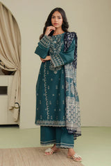 BEECHTREE-3PC DHANAK EMBROIDERED SHIRT WITH COURTRAI PRINTED SHAWL AND EMB TROUSER-ADR-4158