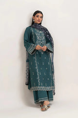 BEECHTREE-3PC DHANAK EMBROIDERED SHIRT WITH COURTRAI PRINTED SHAWL AND EMB TROUSER-ADR-4158