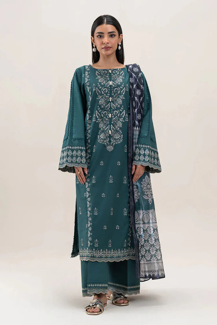 BEECHTREE-3PC DHANAK EMBROIDERED SHIRT WITH COURTRAI PRINTED SHAWL AND EMB TROUSER-ADR-4158