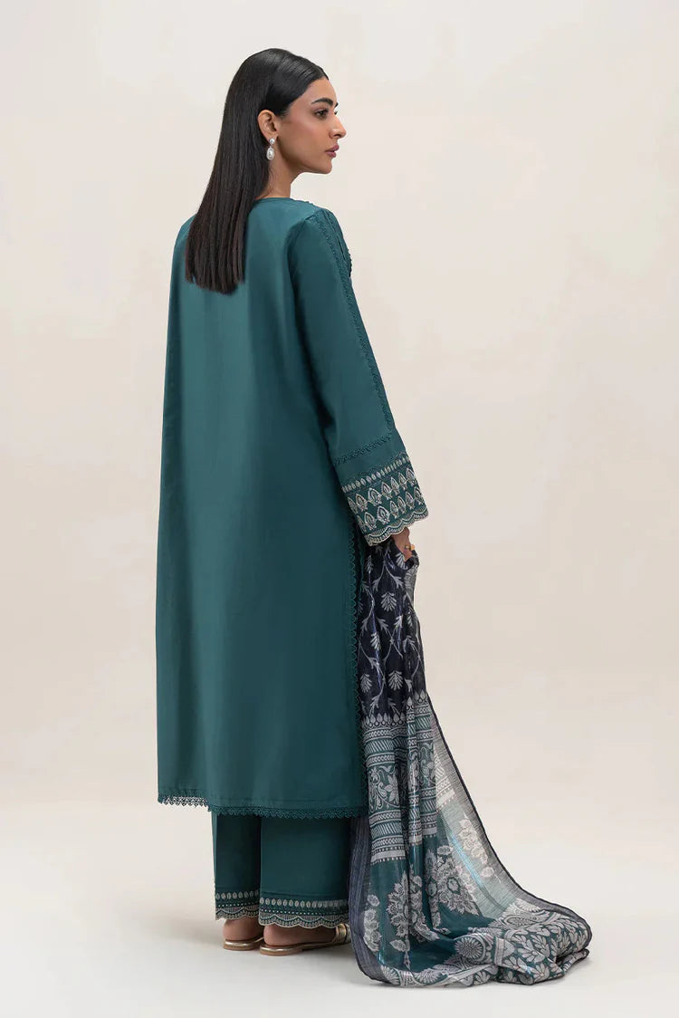BEECHTREE-3PC DHANAK EMBROIDERED SHIRT WITH COURTRAI PRINTED SHAWL AND EMB TROUSER-ADR-4158