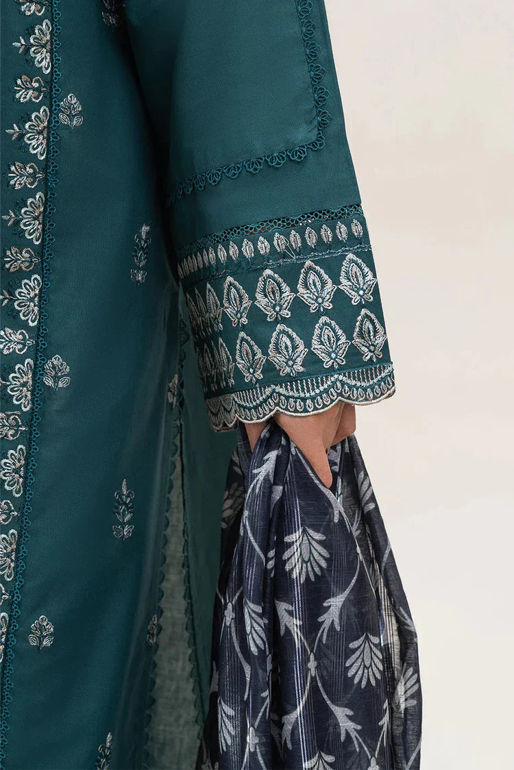 BEECHTREE-3PC DHANAK EMBROIDERED SHIRT WITH COURTRAI PRINTED SHAWL AND EMB TROUSER-ADR-4158