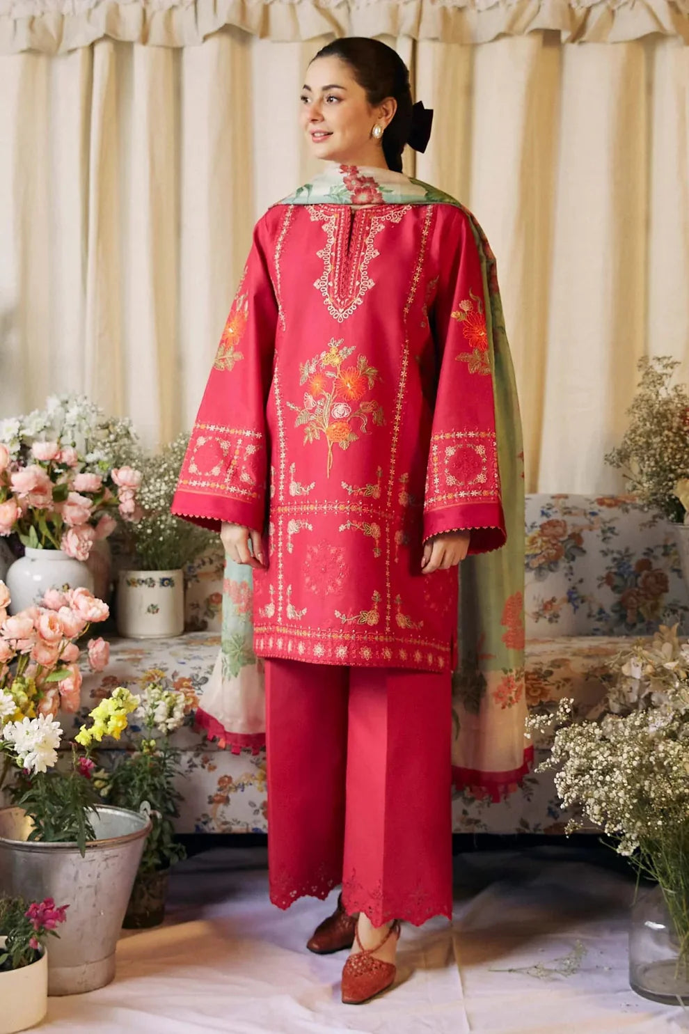 ZARA SHAH JAHAN - 3PC DHANAK EMBROIDERED SHIRT WITH WOOL PRINTED SHAWL AND TROUSER-ADR-3191-PINK