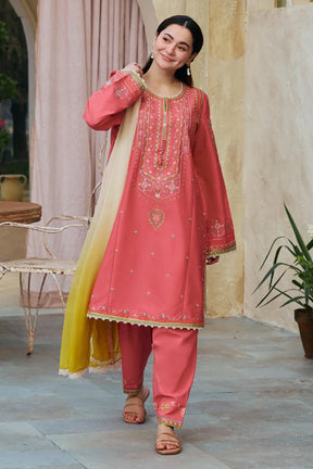 ZARA SHAHJAHAN- 3PC LAWN EMBROIDERED SHIRT WITH BAMBER CHIFFON PRINT DUPATTA-ADR-2742-PEACH