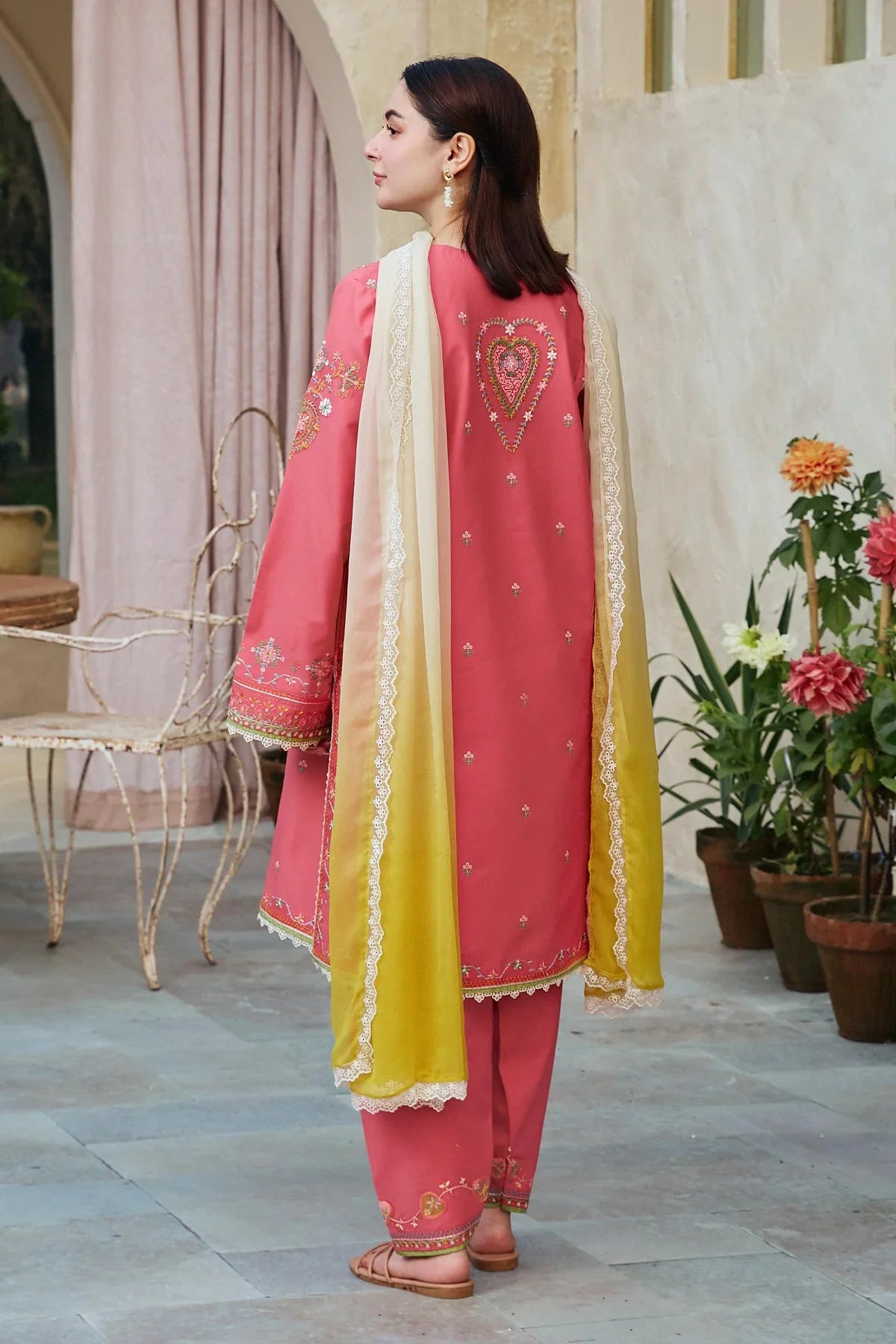 ZARA SHAHJAHAN- 3PC LAWN EMBROIDERED SHIRT WITH BAMBER CHIFFON PRINT DUPATTA-ADR-2742-PEACH