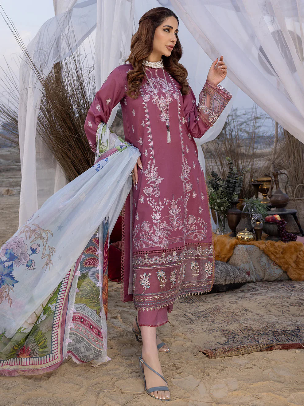 IZEL - 3PC DHANAK EMBROIDERED SHIRT WITH COUTURE SHAWAL AND TROUSER-ADR-4051