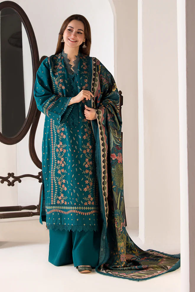 SOBIA NAZIR- 3PC DHANAK EMBROIDERED SHIRT WITH WOOL PRINT SHAWL AND TROUSER-ADR-3359