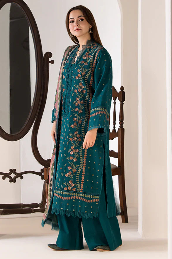 SOBIA NAZIR- 3PC DHANAK EMBROIDERED SHIRT WITH WOOL PRINT SHAWL AND TROUSER-ADR-3359