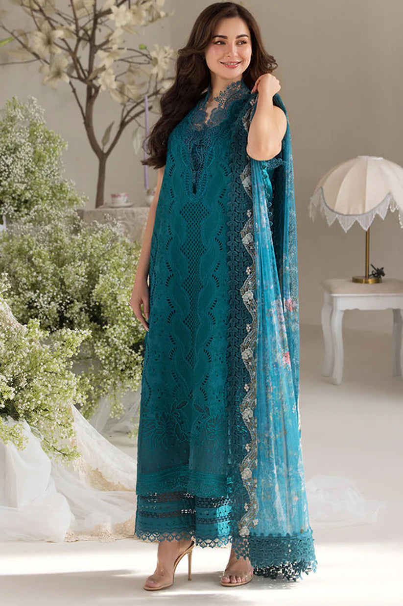 SOBIA NAZIR-3PC LAWN LASERCUT EMBROIDERED SHIRT WITH COTTON NET EMBROIDERED PRINT DUPATTA AND TROUSER ADR-3699