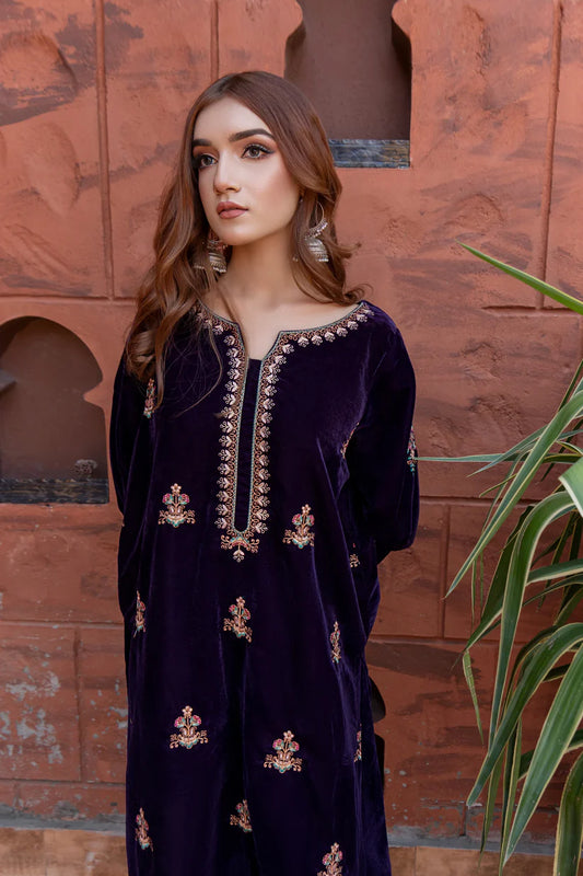 URGE - 2PC VELVET HEAVT EMBROIDERED SHIRT WITH VELEVT EMBROIDERED SLEEVES & VELVET TROUSER-ADR-D22 MICROO 9000