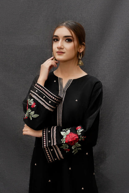 URGE-3PC DHANAK EMBROIDERED SHIRT WITH COUTRAI PRINTED SHAWL AND EMB TROUSER-ADR-4073