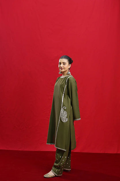 Urge- 3PC Dhanak Embroidered Shirt With Dhanak Twil Print Wool Shawl & Trouser-ADR-3361