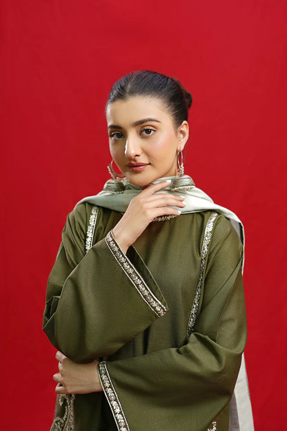 Urge- 3PC Dhanak Embroidered Shirt With Dhanak Twil Print Wool Shawl & Trouser-ADR-3361