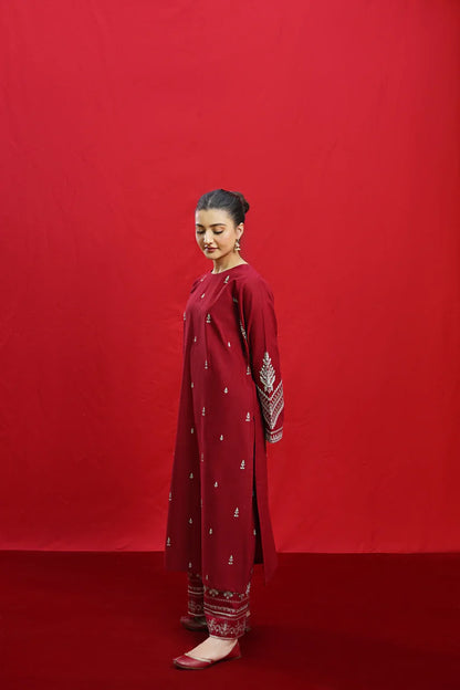 URGE-3PC DHANAK EMBROIDERED SHIRT WITH COUTURE PRINTED SHAWL & EMB TROUSER-ADR-3363