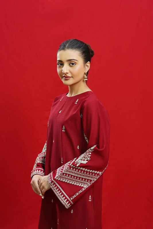 URGE-3PC DHANAK EMBROIDERED SHIRT WITH COUTURE PRINTED SHAWL & EMB TROUSER-ADR-3363
