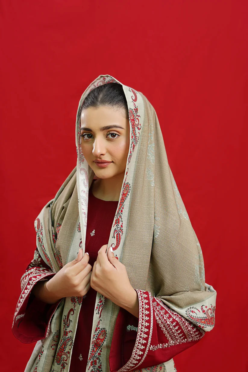 URGE-3PC DHANAK EMBROIDERED SHIRT WITH COUTURE PRINTED SHAWL & EMB TROUSER-ADR-3363