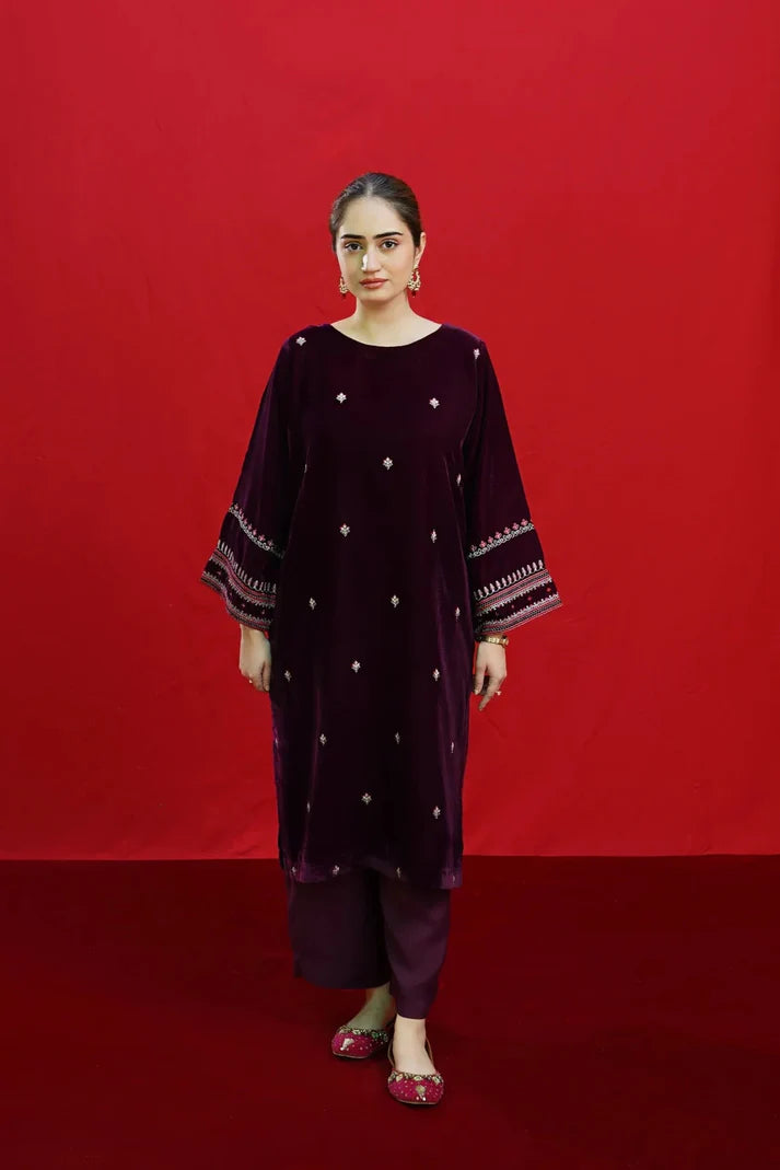 URGE-2PC VELVET EMBROIDERED SHIRT WITH VELEVT EMBROIDERED SLEEVES-ADR-D-19-MICROO-9000