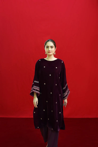 URGE-2PC VELVET EMBROIDERED SHIRT WITH VELEVT EMBROIDERED SLEEVES-ADR-D-19-MICROO-9000