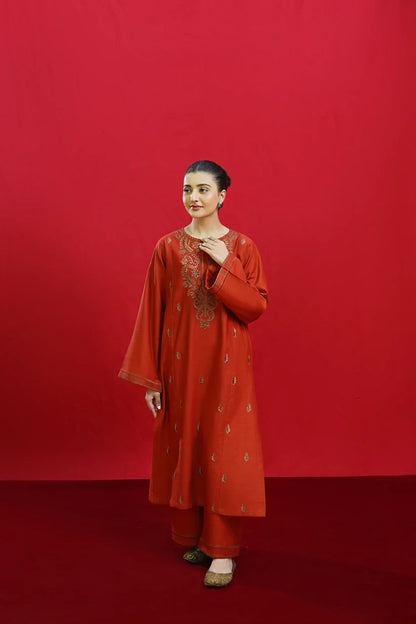 URGE-3PC DHANAK EMBROIDERED SHIRT WITH COUTURE PRINTED SHAWL & EMB TROUSER-ADR-3354