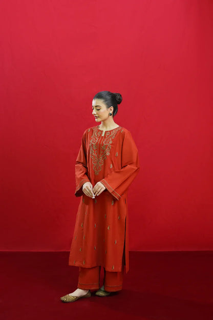URGE-3PC DHANAK EMBROIDERED SHIRT WITH COUTURE PRINTED SHAWL & EMB TROUSER-ADR-3354