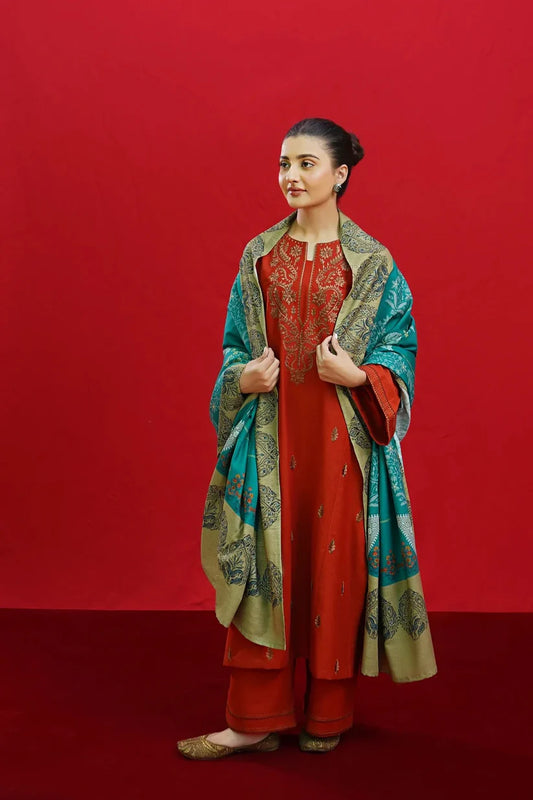 URGE-3PC DHANAK EMBROIDERED SHIRT WITH COUTURE PRINTED SHAWL & EMB TROUSER-ADR-3354