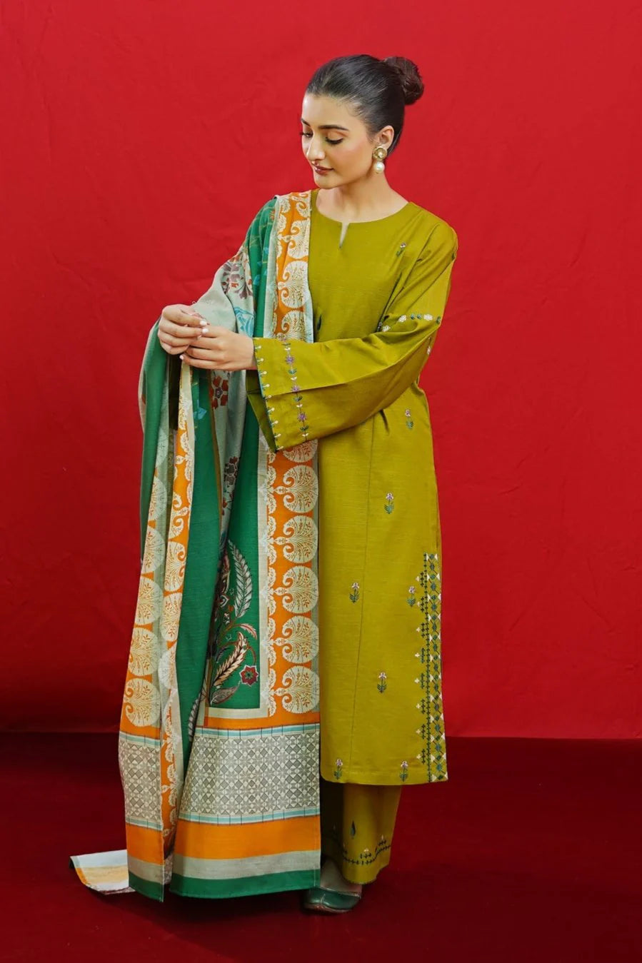 URGE - 3PC DHANAK EMBROIDERED SHIRT WITH TWILL PRINTED SHAWL & EMB TROUSER-ADR-3365