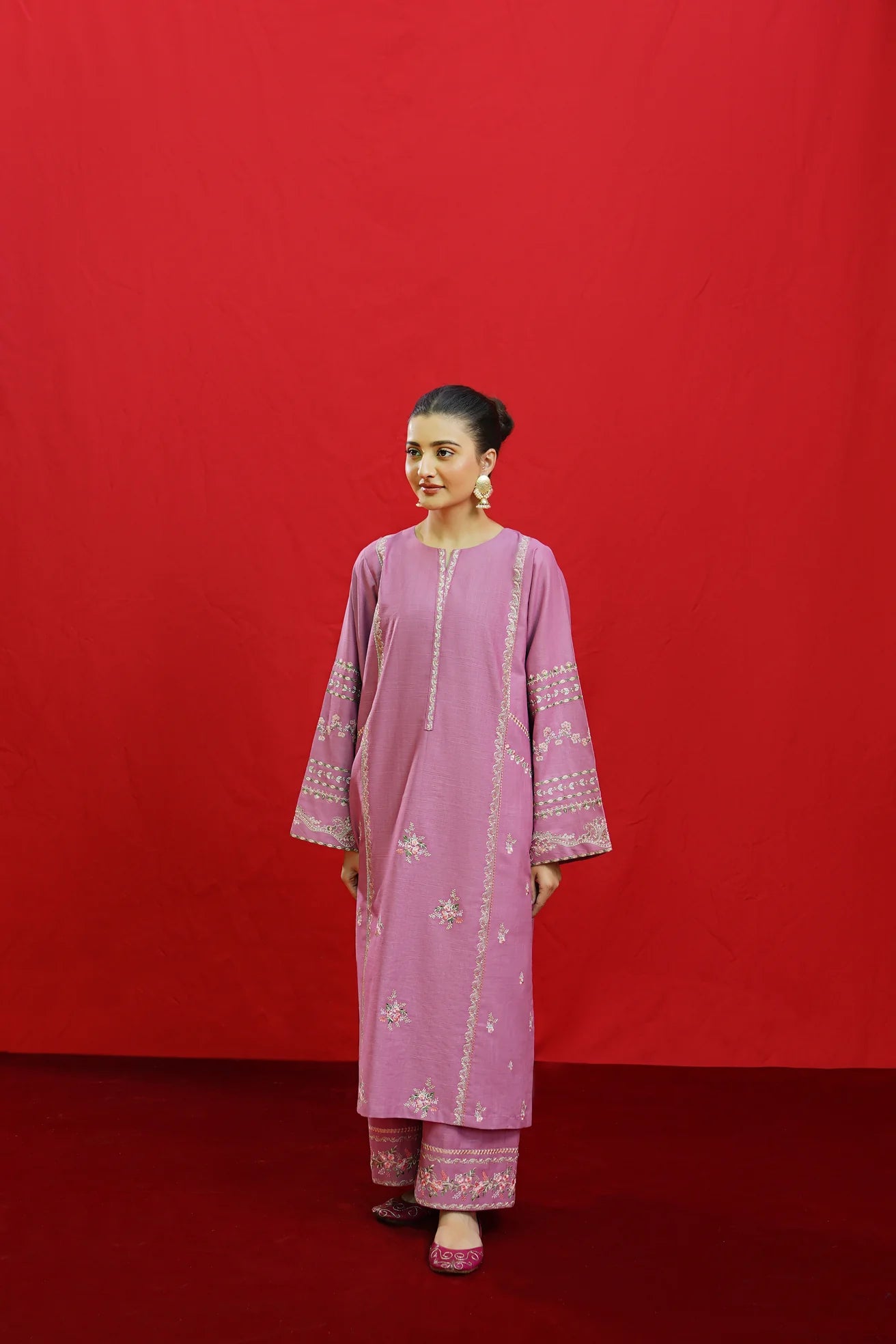 URGE-3PC KHADDAR EMBROIDRED SHIRT WITH WOOL PRINTED SHAWL & EMB TROUSER-ADR-3383
