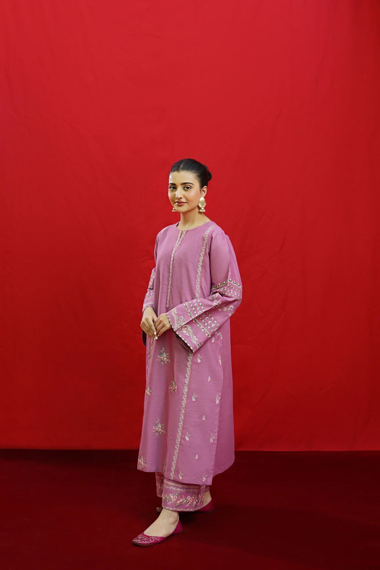 URGE-3PC KHADDAR EMBROIDRED SHIRT WITH WOOL PRINTED SHAWL & EMB TROUSER-ADR-3383