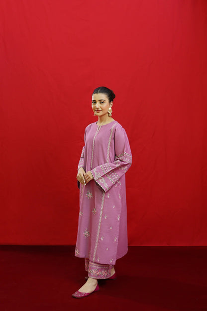 URGE-3PC KHADDAR EMBROIDRED SHIRT WITH WOOL PRINTED SHAWL & EMB TROUSER-ADR-3383