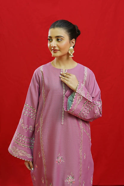 URGE-3PC KHADDAR EMBROIDRED SHIRT WITH WOOL PRINTED SHAWL & EMB TROUSER-ADR-3383