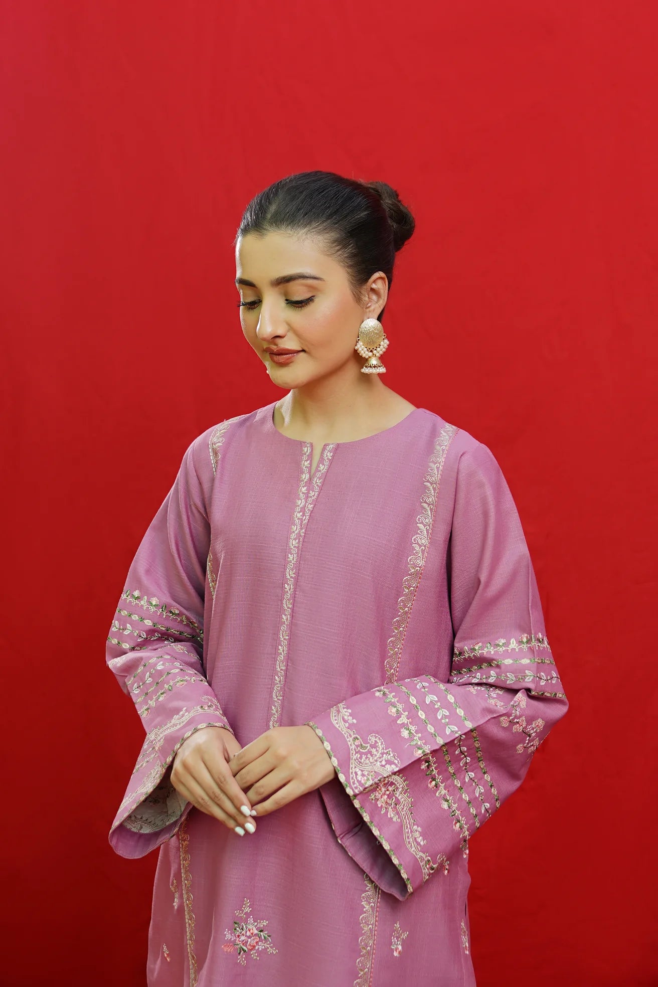 URGE-3PC KHADDAR EMBROIDRED SHIRT WITH WOOL PRINTED SHAWL & EMB TROUSER-ADR-3383