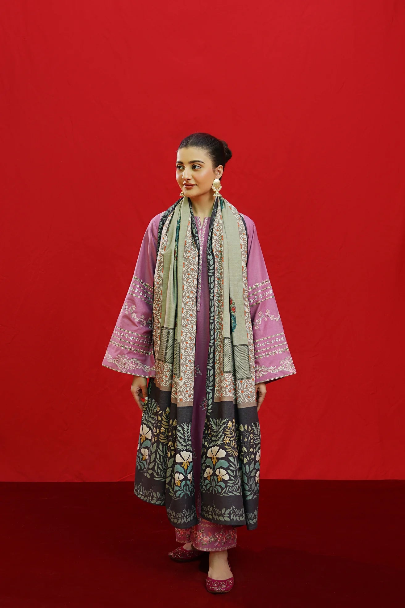 URGE-3PC KHADDAR EMBROIDRED SHIRT WITH WOOL PRINTED SHAWL & EMB TROUSER-ADR-3383