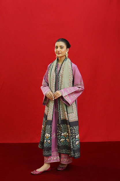 URGE-3PC KHADDAR EMBROIDRED SHIRT WITH WOOL PRINTED SHAWL & EMB TROUSER-ADR-3383