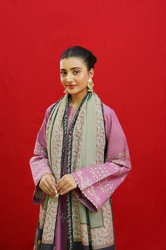 URGE-3PC KHADDAR EMBROIDRED SHIRT WITH WOOL PRINTED SHAWL & EMB TROUSER-ADR-3383