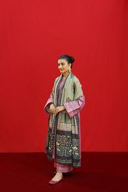 URGE-3PC KHADDAR EMBROIDRED SHIRT WITH WOOL PRINTED SHAWL & EMB TROUSER-ADR-3383