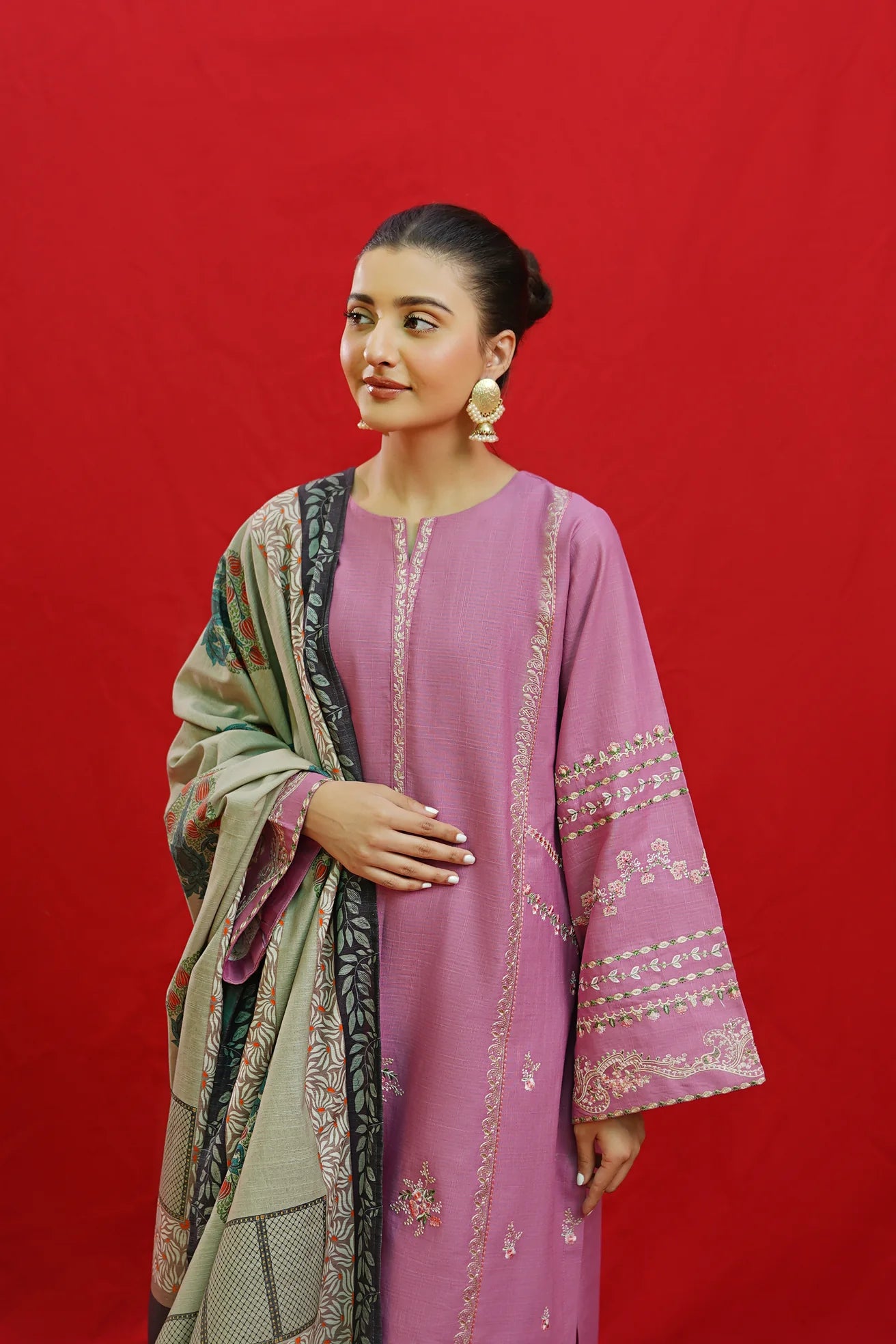 URGE-3PC KHADDAR EMBROIDRED SHIRT WITH WOOL PRINTED SHAWL & EMB TROUSER-ADR-3383