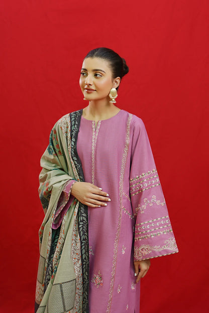 URGE-3PC KHADDAR EMBROIDRED SHIRT WITH WOOL PRINTED SHAWL & EMB TROUSER-ADR-3383