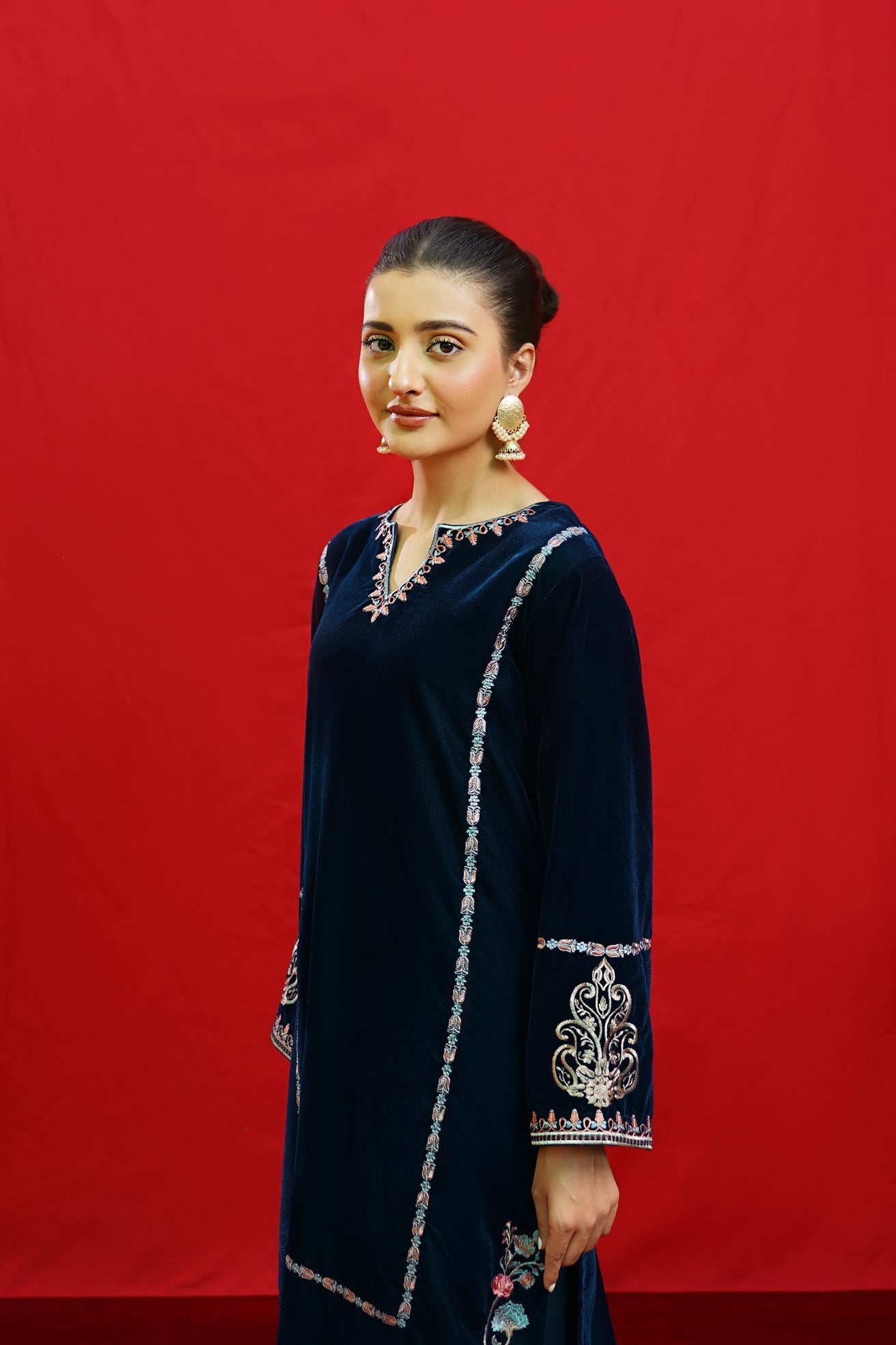 URGE -2PC Velvet Heavy Embroidered Shirt With Velvet Embroidered Sleeves-ADR-D23