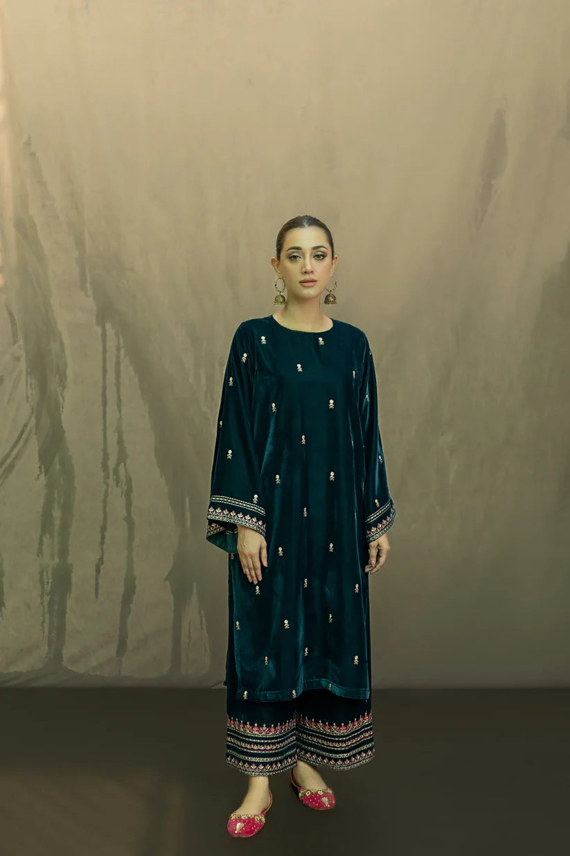 URGE-2PC VELVET EMBROIDERED SHIRT WITH VELEVT EMBROIDERED SLEEVES & TROUSER-ADR-D21