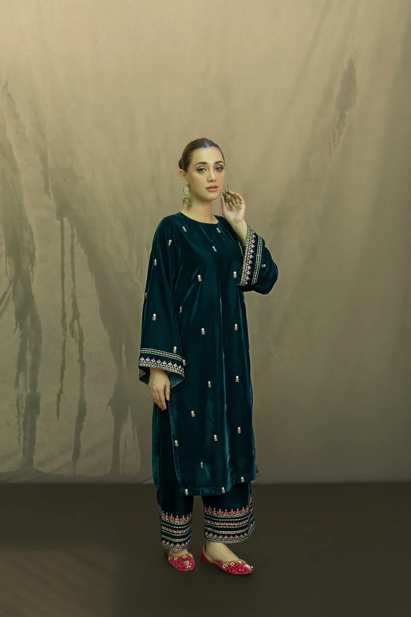 URGE-2PC VELVET EMBROIDERED SHIRT WITH VELEVT EMBROIDERED SLEEVES & TROUSER-ADR-D21