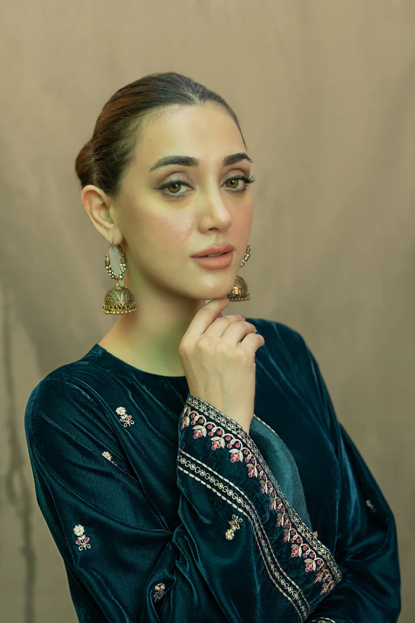 URGE-2PC VELVET EMBROIDERED SHIRT WITH VELEVT EMBROIDERED SLEEVES & TROUSER-ADR-D21